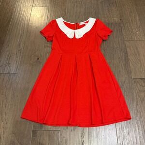 Sunny Girl Red Dress Peter Pan Collar Pleated Skirt Short Sleeve Women